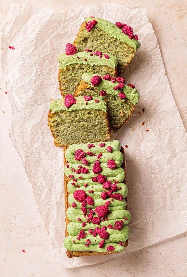 Matcha Raspberry Slice Matcha, Almond and Raspberry Loaf | REBEL ⭑ MATCHA